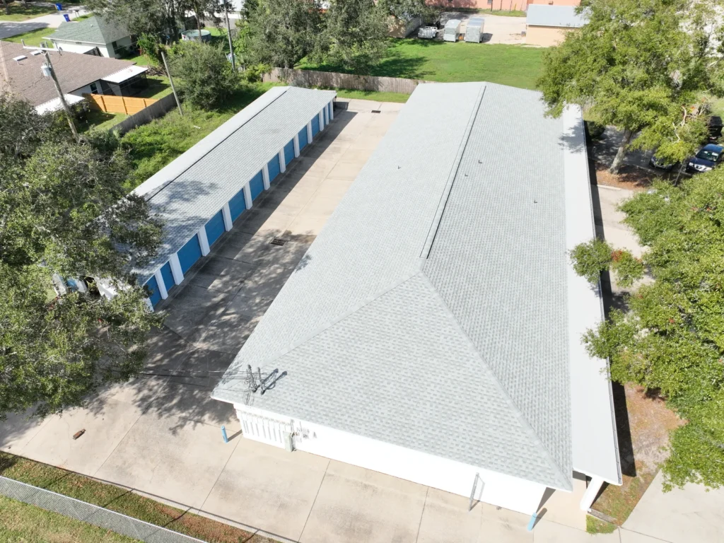 Side aerial view of the completed Edgewater storage-facility roofs
