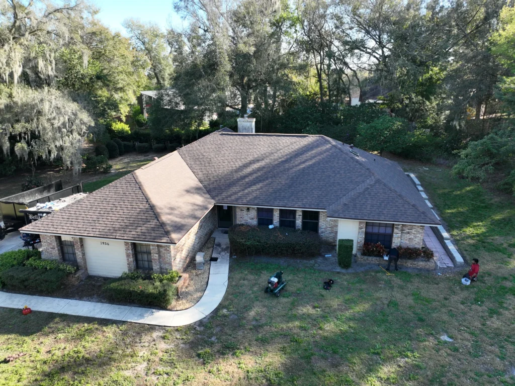 Oblique aerial view of the completed IKO shingle roof in Errol Estates