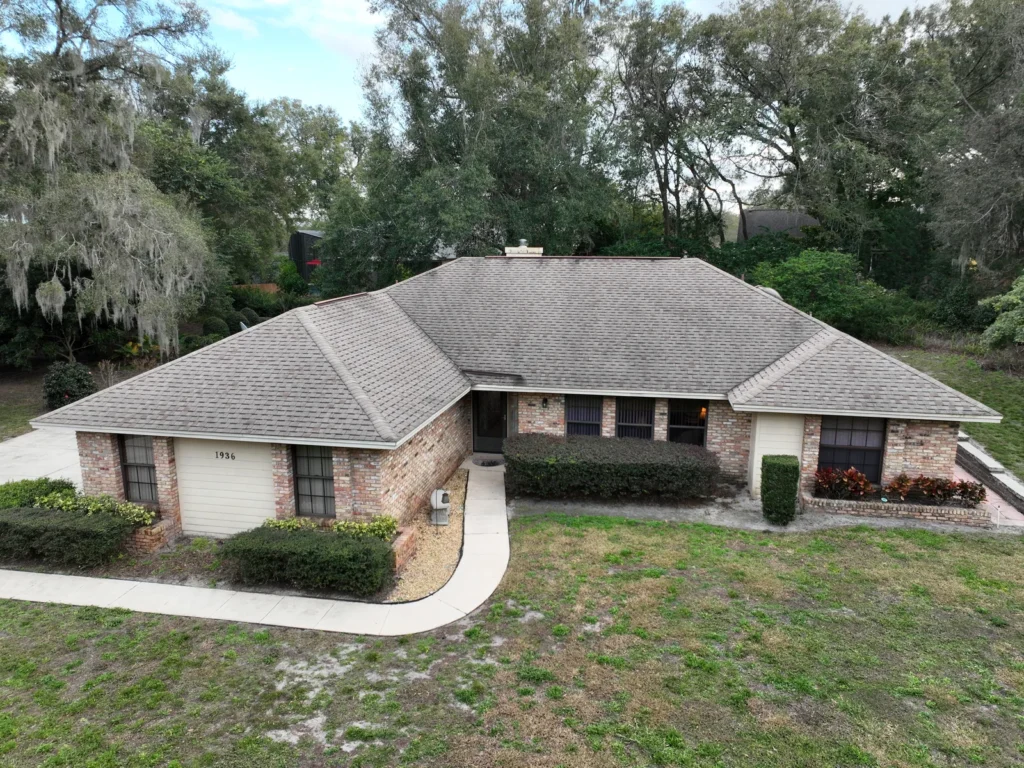 Overhead aerial view of the completed Errol Estates shingle roof