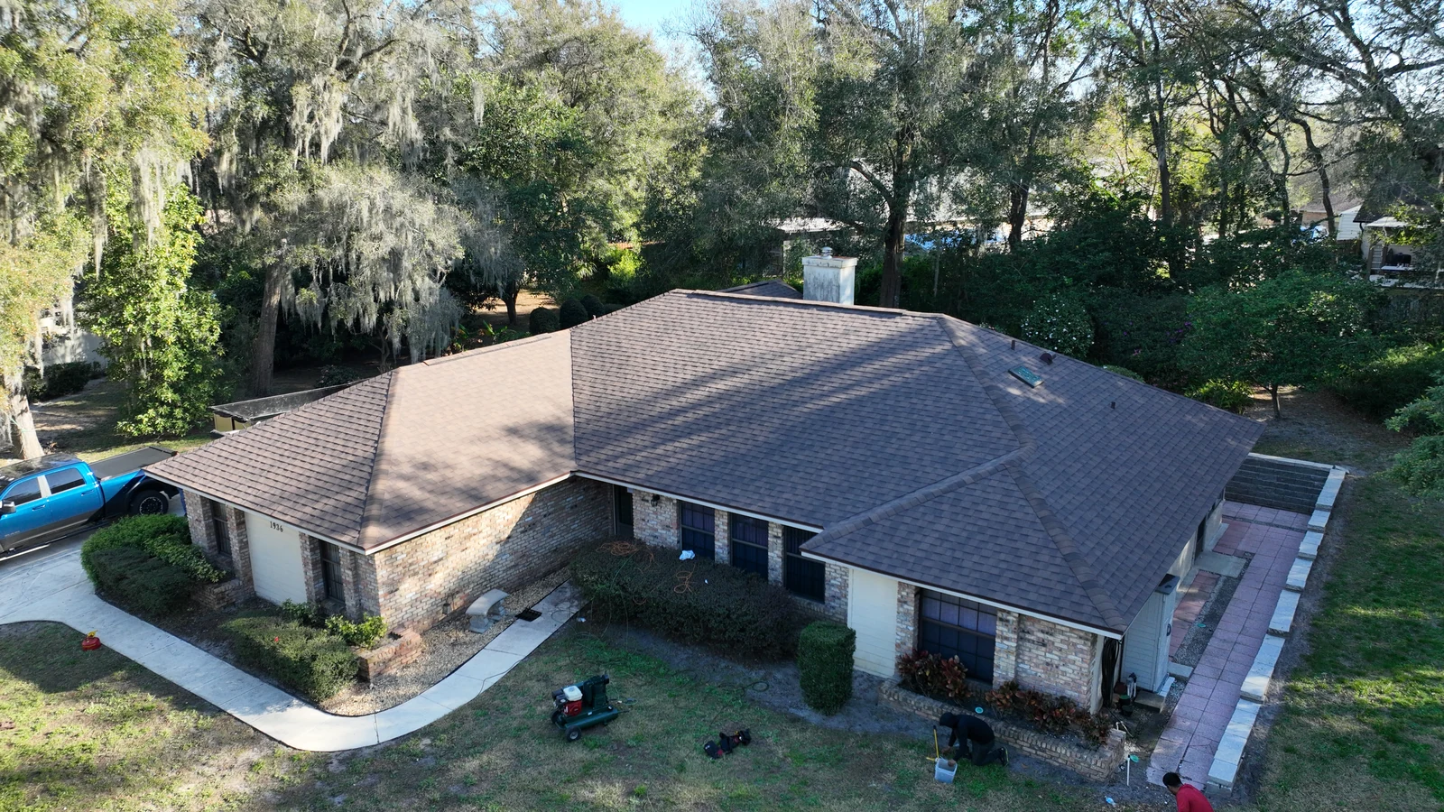 Front aerial view of the completed IKO shingle roof in Errol Estates, Apopka