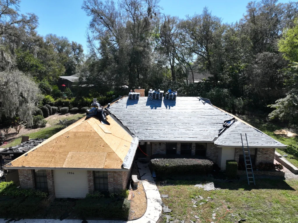 Overhead view of underlayment on the Errol Estates roof