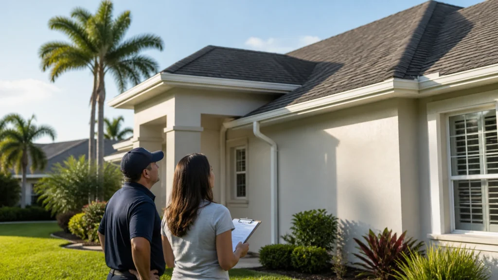 Florida homeowner and roofing professional checking a roof safely from the ground