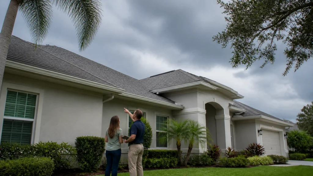 Florida homeowner and roofing professional reviewing a roof from the ground before storm season