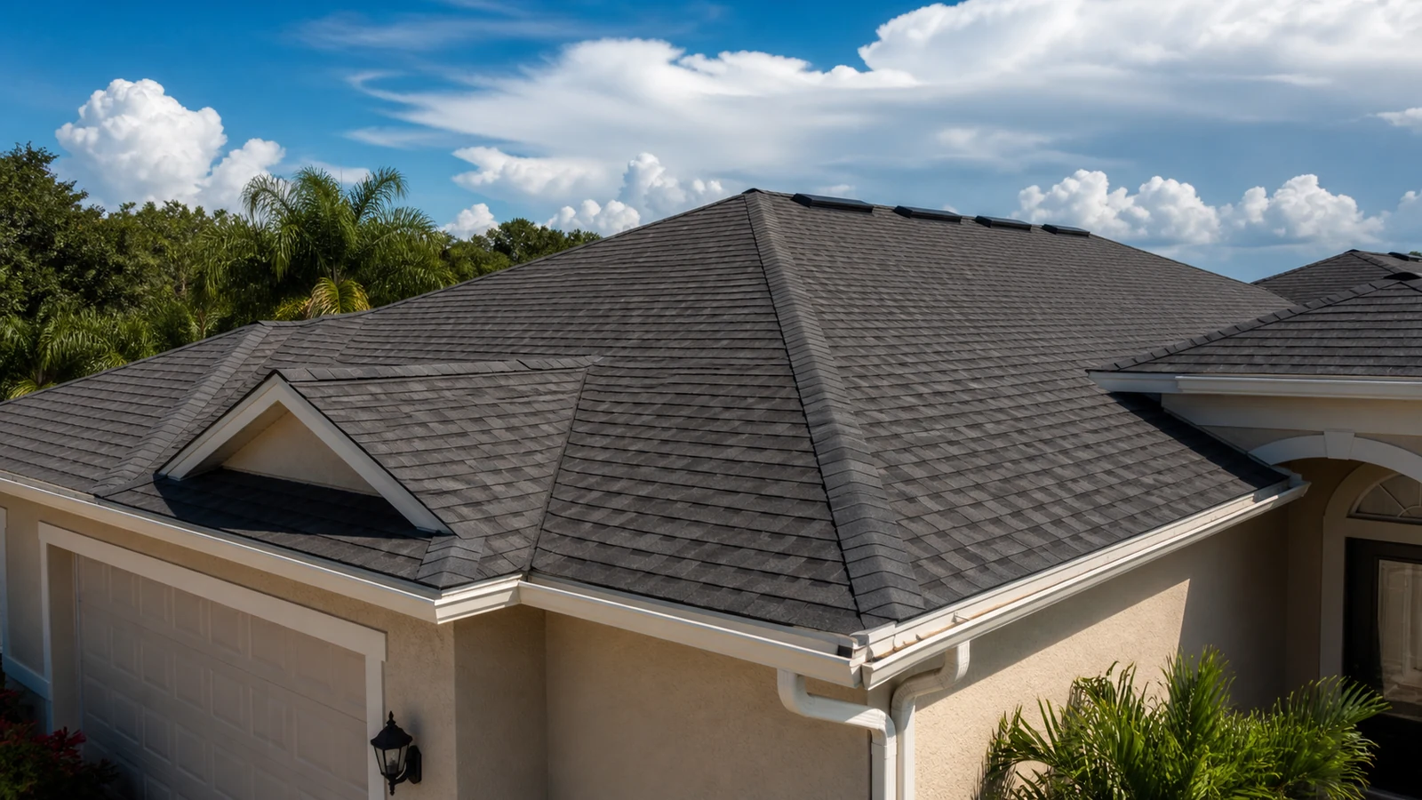 Florida shingle roof under strong sun with storm clouds in the distance