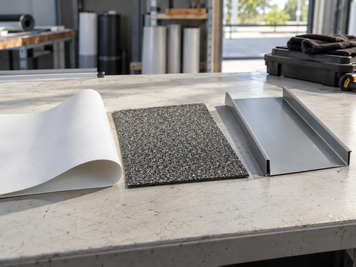 Membrane coupons and a metal roof panel sample on a workbench.
