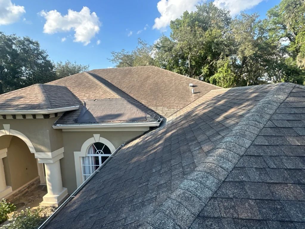 Roof-level view of IKO Dynasty shingles at the Lake Markham property