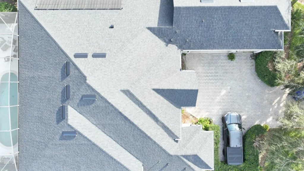 Overhead aerial view of the completed CertainTeed Landmark roof at Rock Springs Ridge