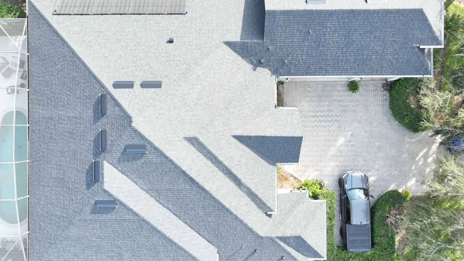 Overhead aerial view of the completed CertainTeed Landmark roof at Rock Springs Ridge