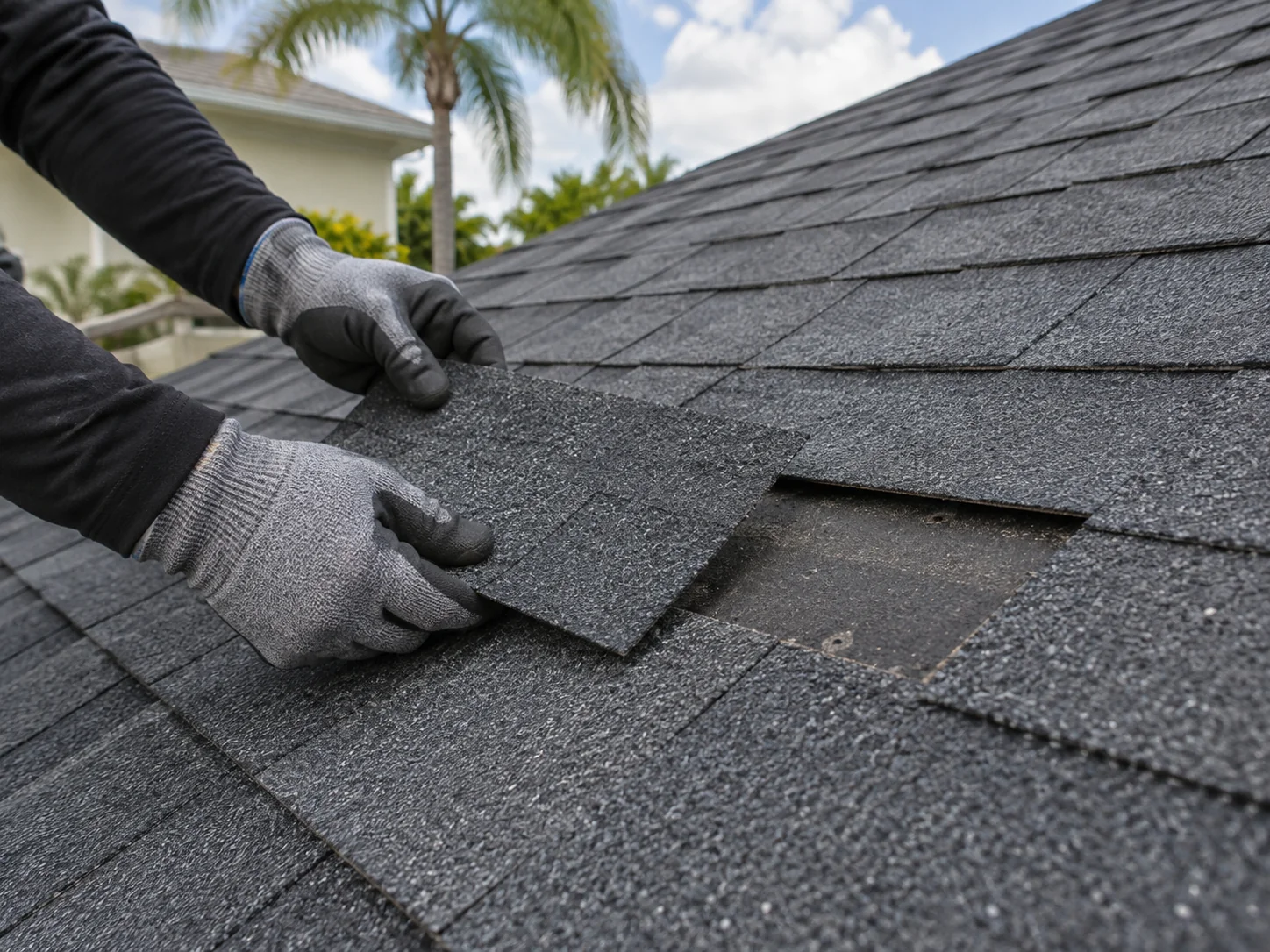 Gloved hands position a replacement shingle beside a small missing section.