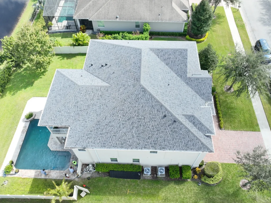 Oblique aerial view of the completed Magnolia Park Estates shingle roof