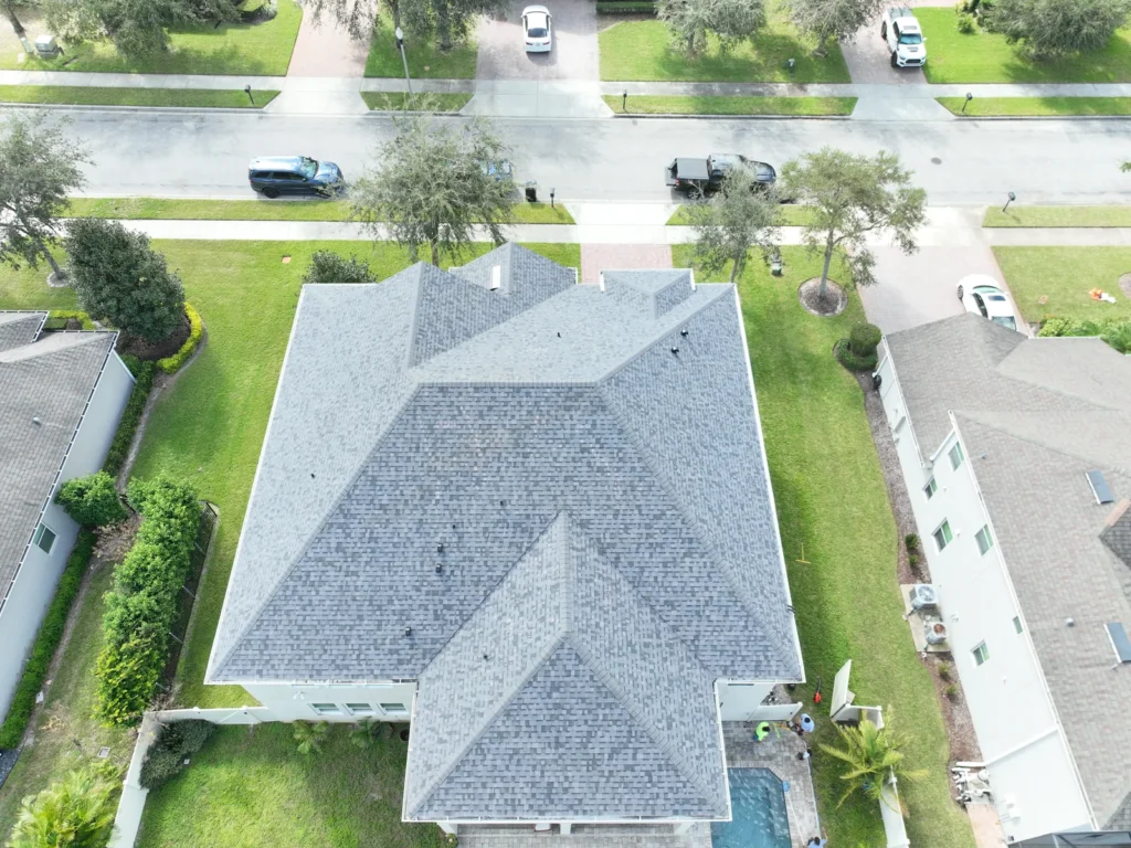 Rear aerial view of the completed Magnolia Park Estates roof