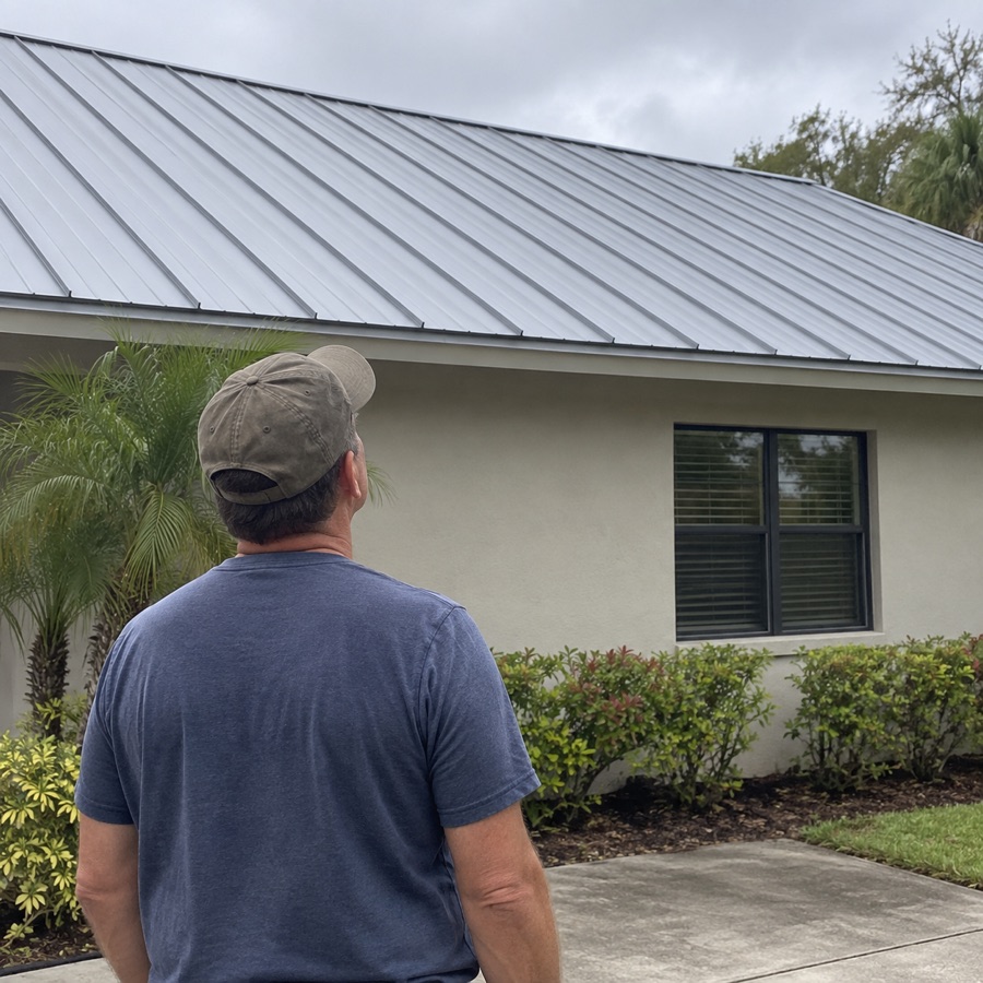 Inspector reviewing a residential metal roof from the ground