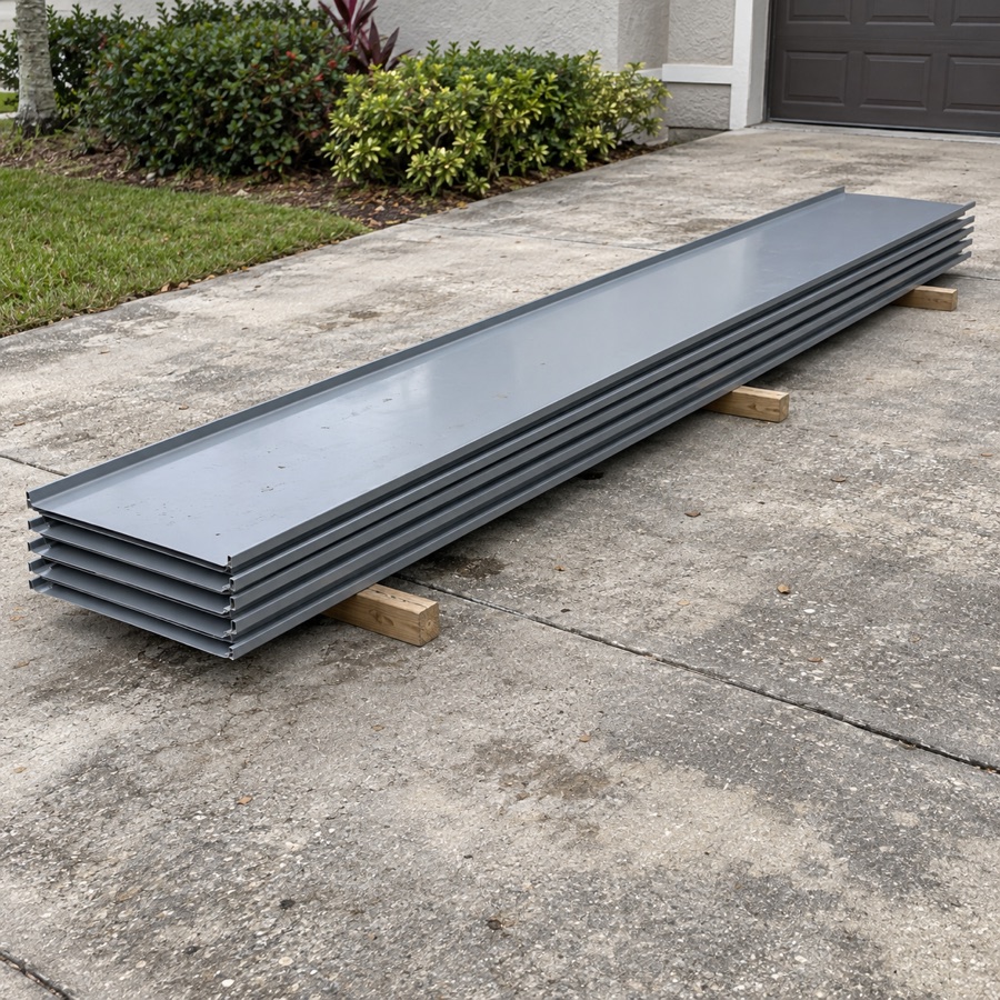 Metal roofing panels staged for replacement