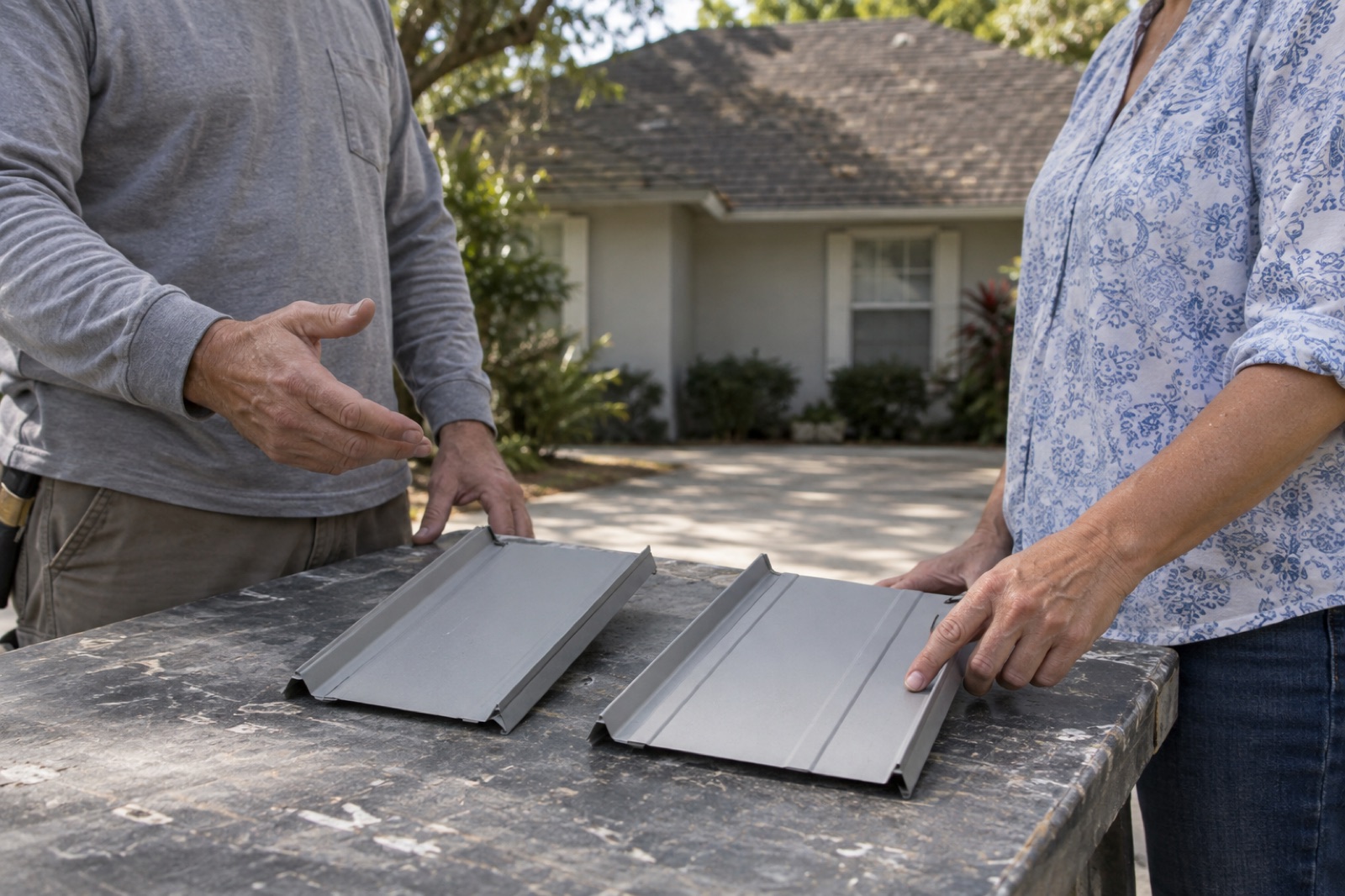 Planning a metal roof replacement with material samples