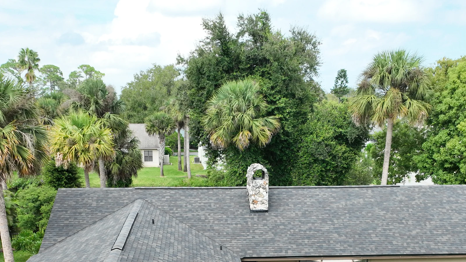 Front aerial view of the completed New Smyrna shingle roof