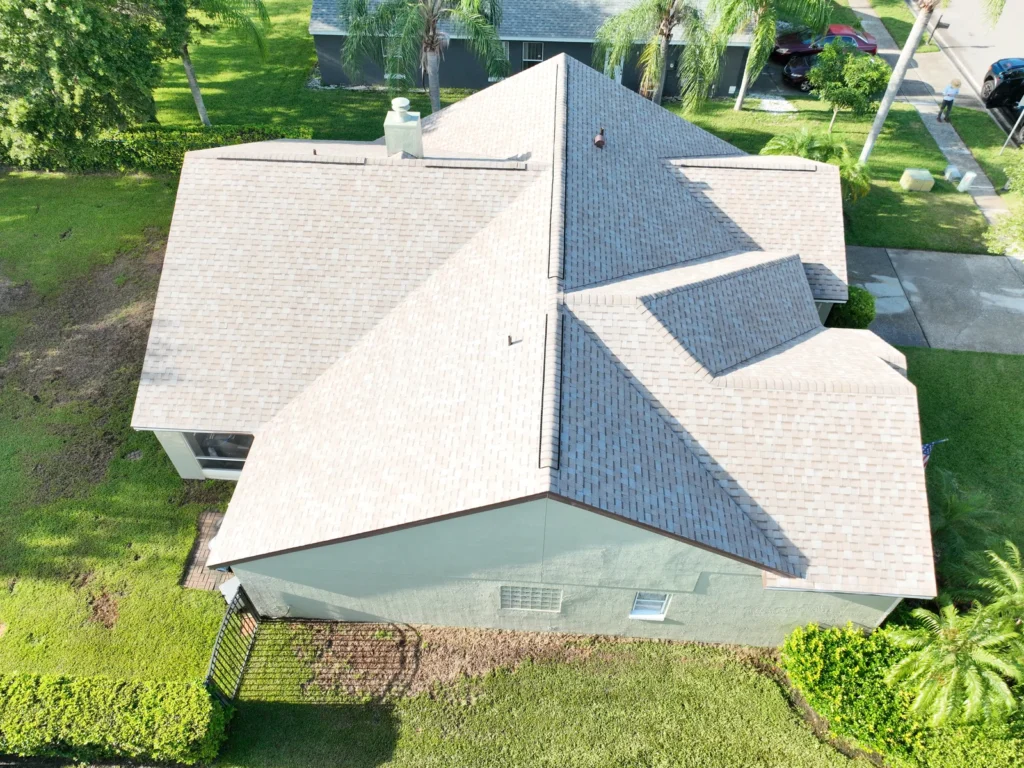 Rear aerial view of the completed Ocoee roof and gutters
