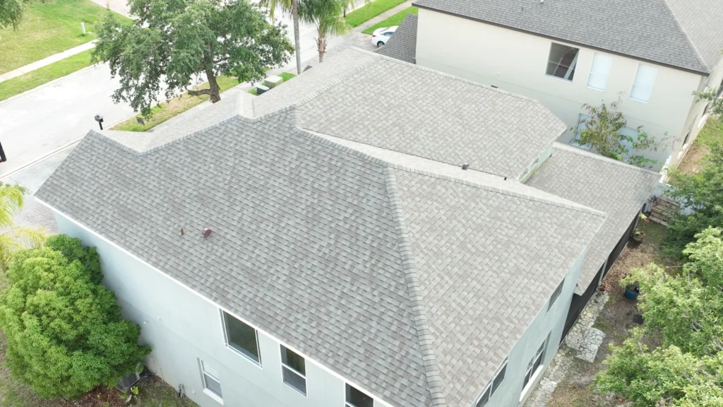 Roof-focused aerial view of the completed CertainTeed Landmark roof in Ocoee