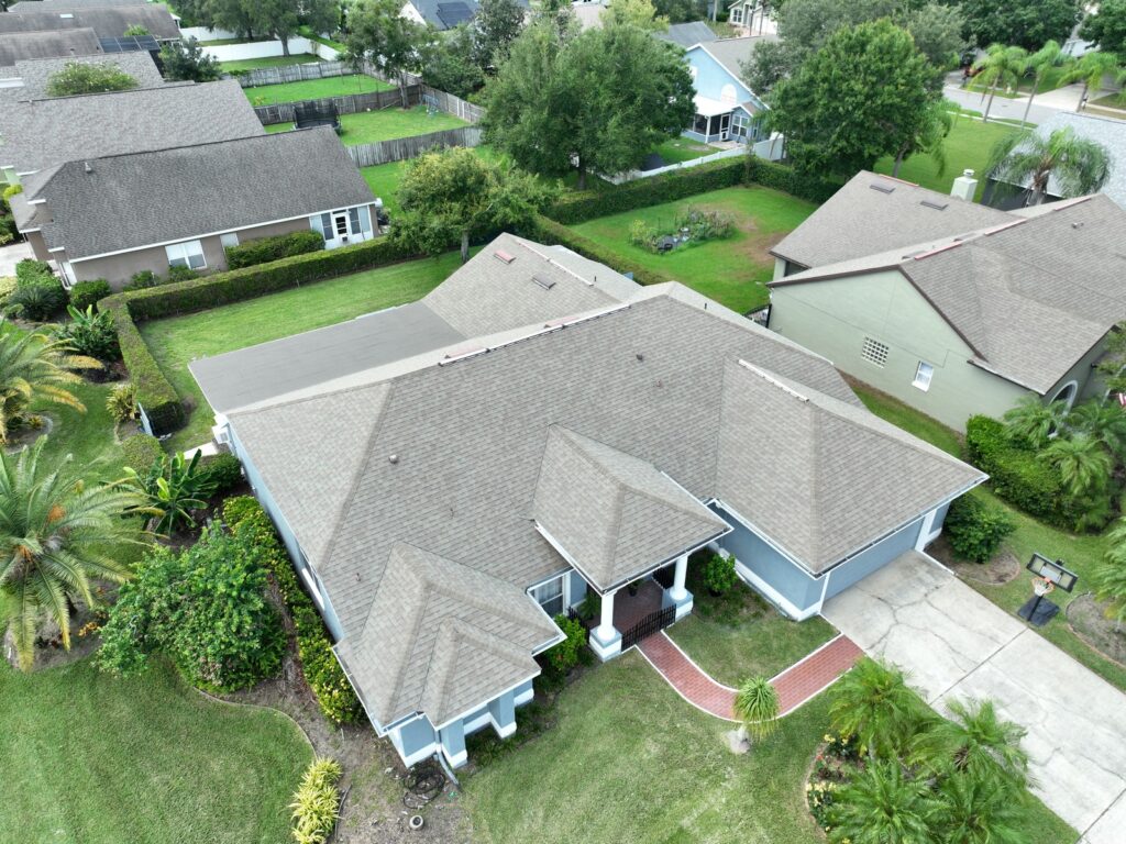 Aerial view of the Ocoee home before the roof and gutter replacement