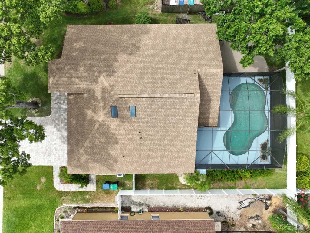 Top-down aerial view of the completed IKO Dynasty roof
