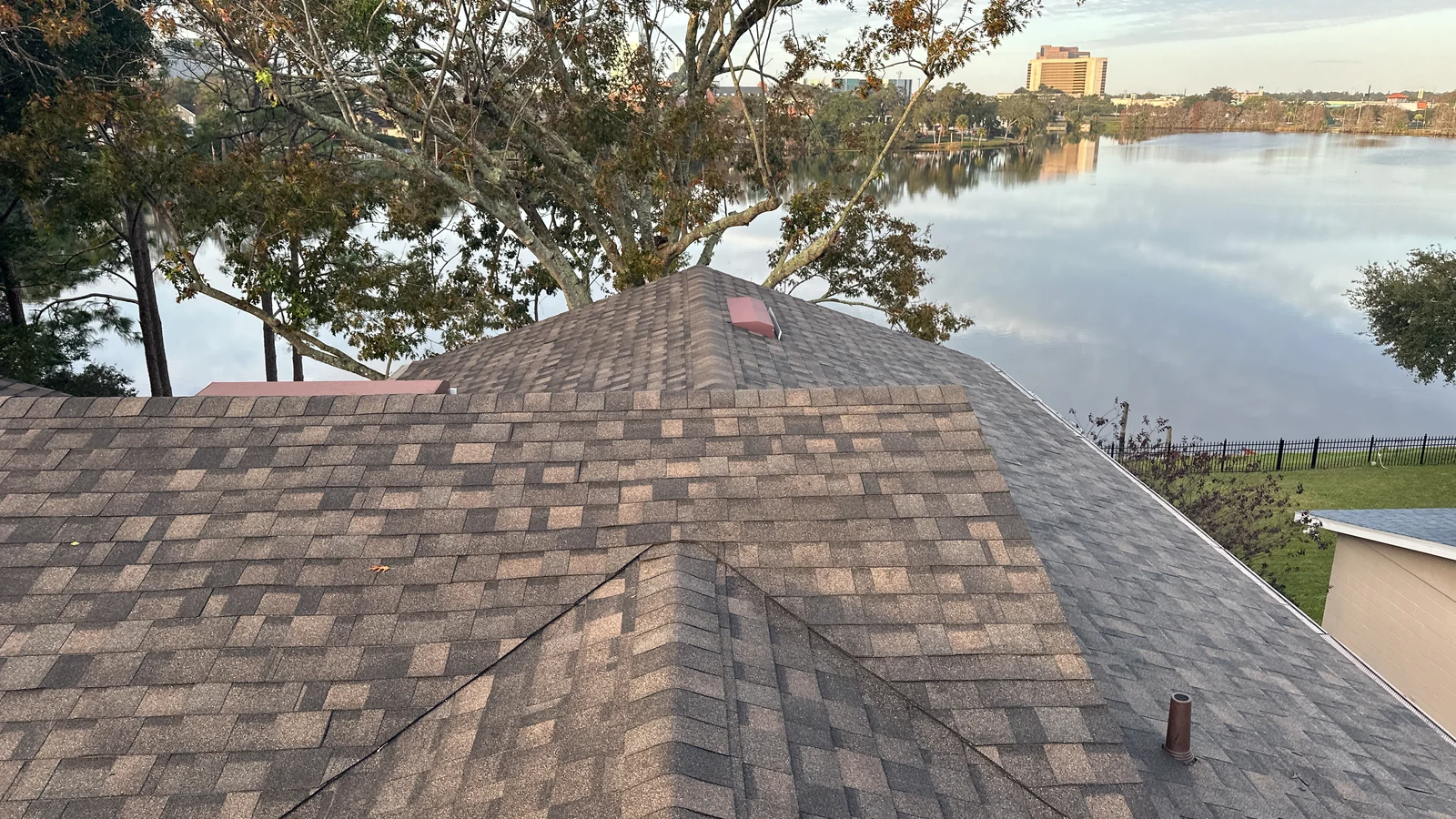 Roof-level view of the completed shingles near Lake Highland