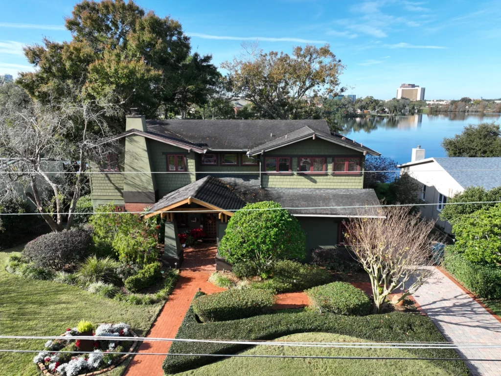 Front view of the completed shingle roof near Lake Highland in Orlando