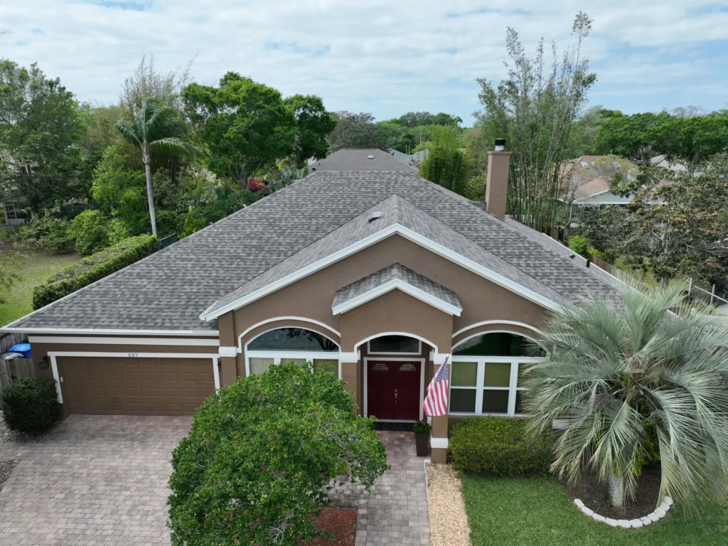 Closer front view of the completed Oviedo architectural shingle roof