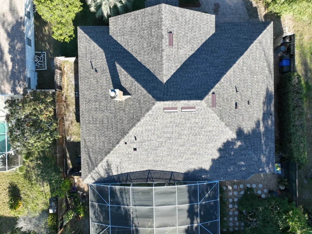 Overhead aerial view of the completed Oviedo roof