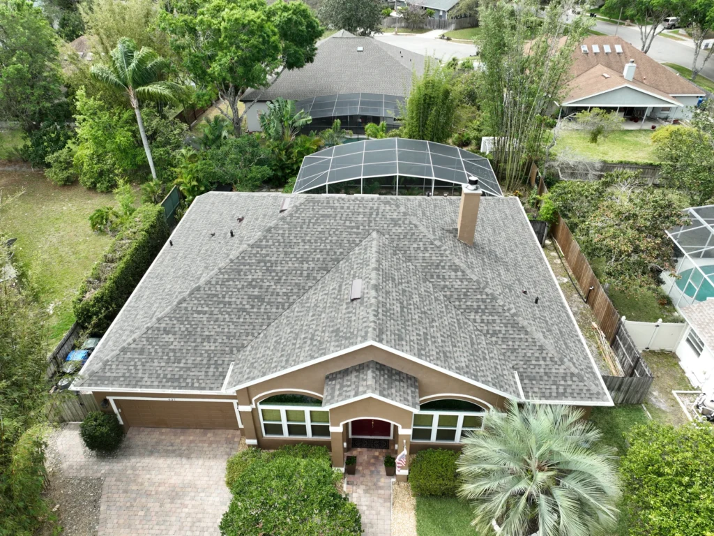 Aerial view of the completed Oviedo roof and solar equipment