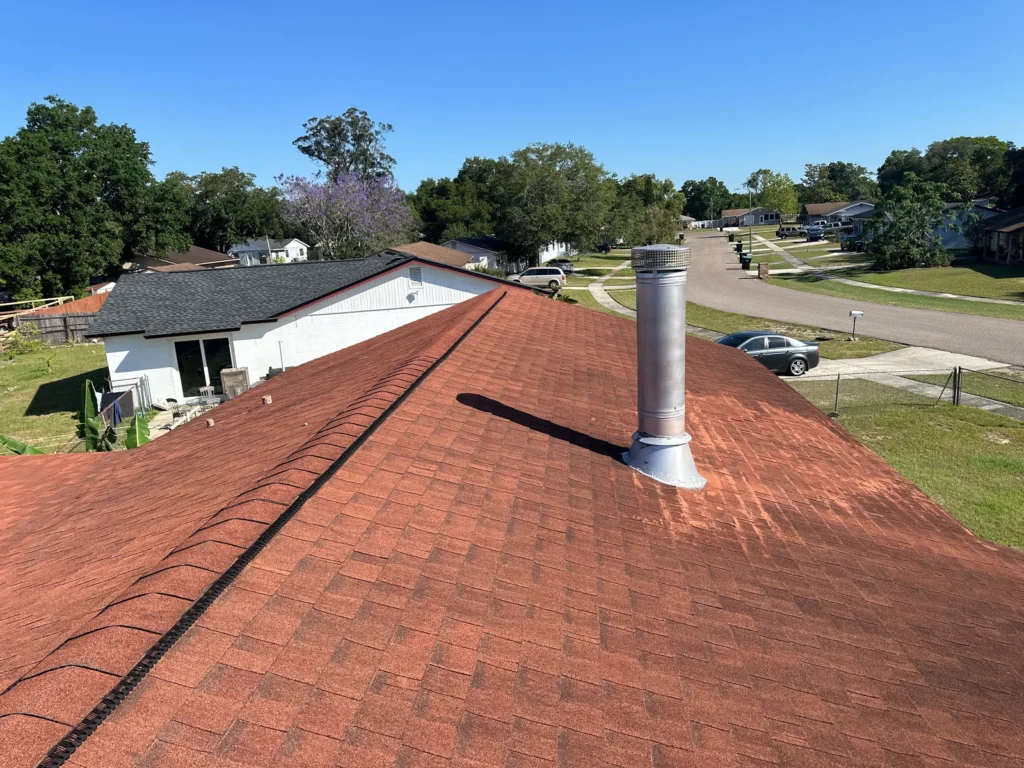 Roof-level view of the completed Owens Corning Duration shingles