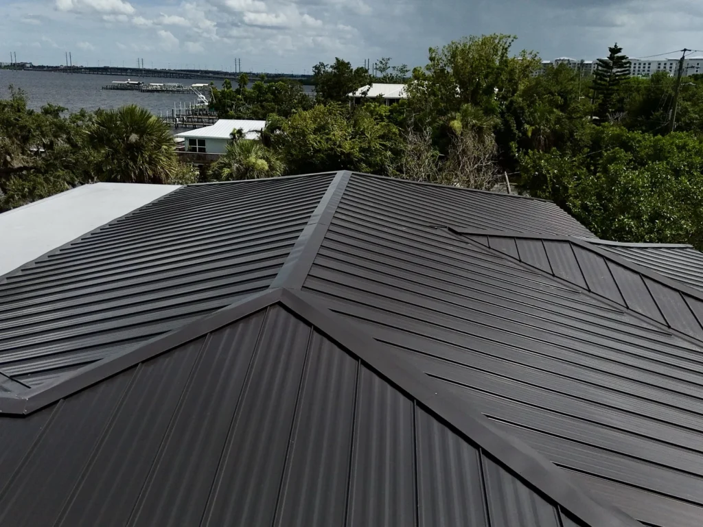 Closer aerial view of the Port Charlotte standing-seam metal roof