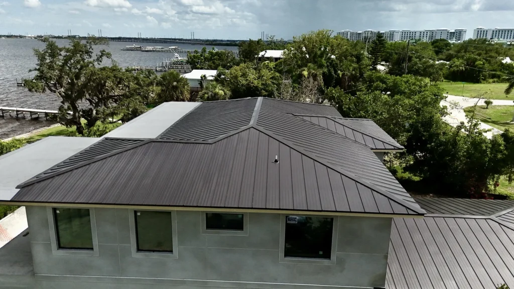Front aerial view of the completed Port Charlotte standing-seam metal roof