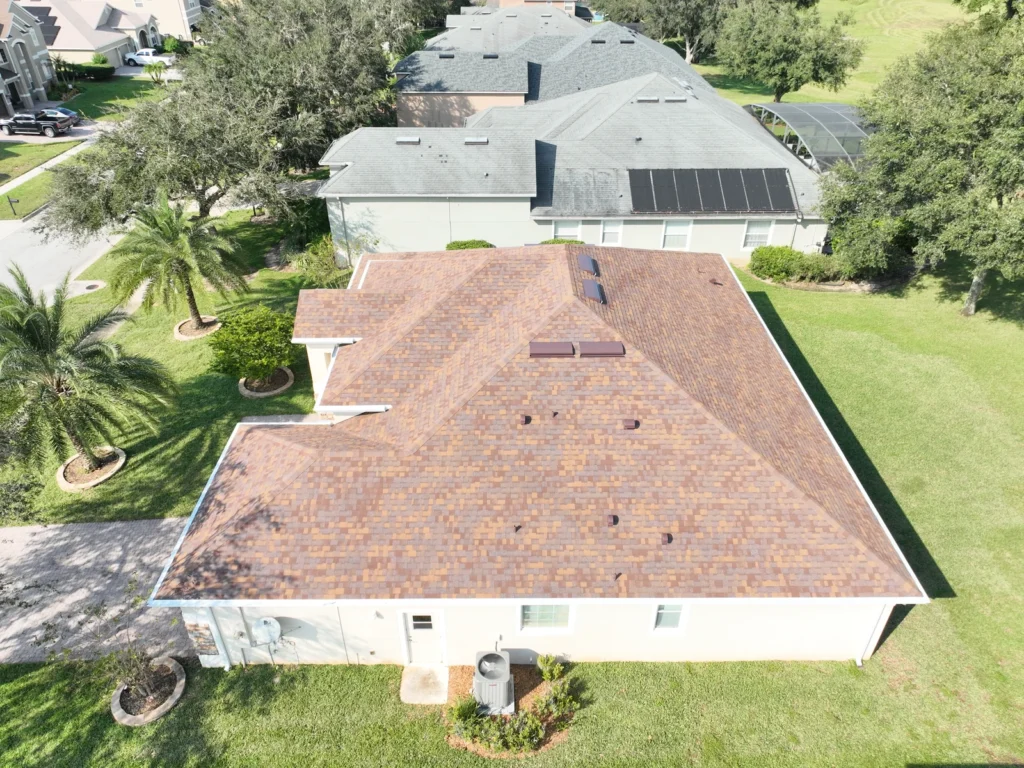 Rear aerial view of the completed Rock Springs Ridge roof