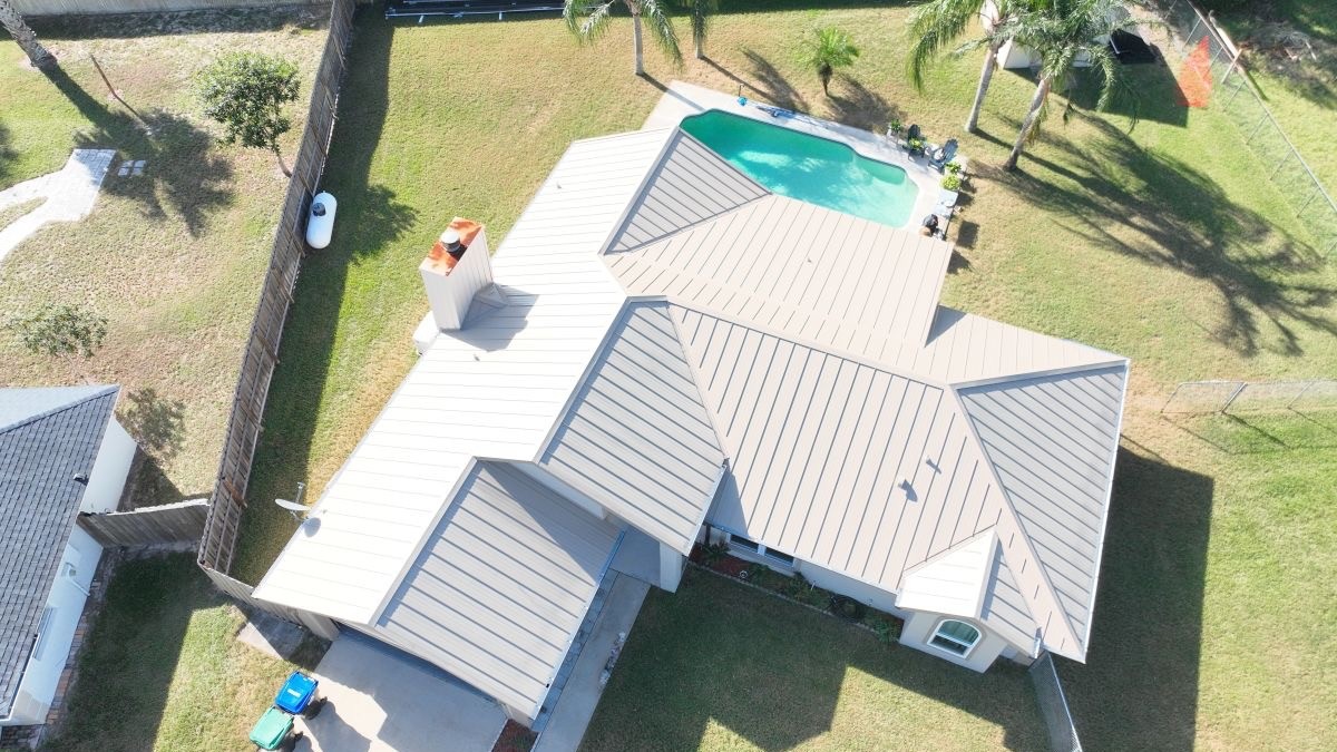Aerial view of the completed standing-seam metal roof in Rock Springs Ridge