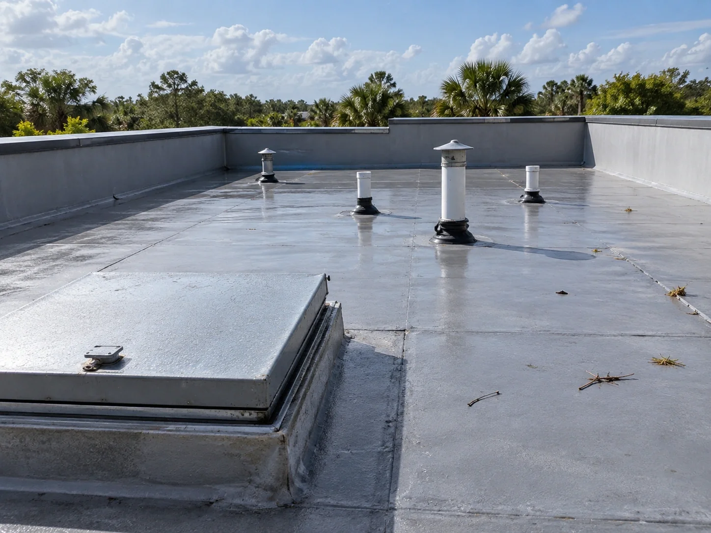 Roof access hatch and penetrations with scattered twigs after rain.