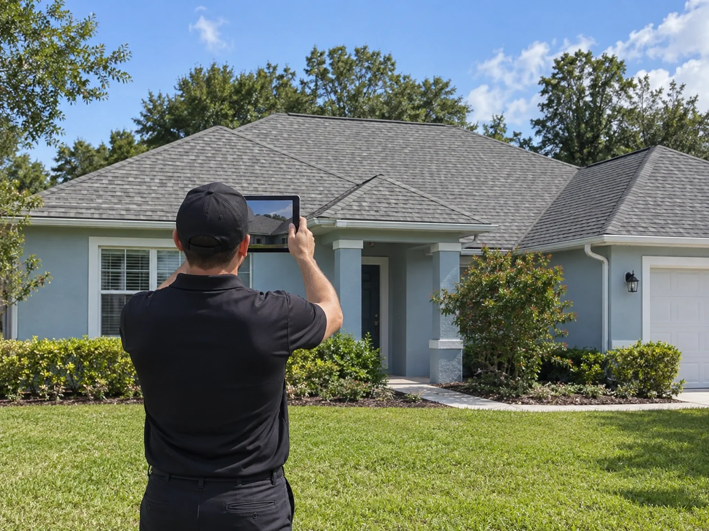 Inspector viewed from behind documenting a home’s roof from the lawn.
