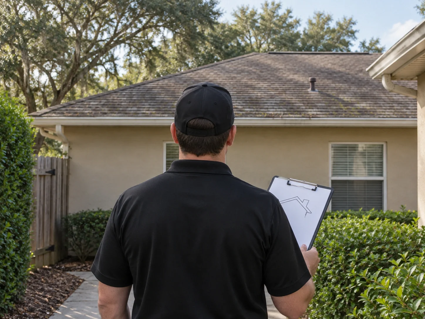 Inspector viewed from behind reviewing a roof outline beside an older home.