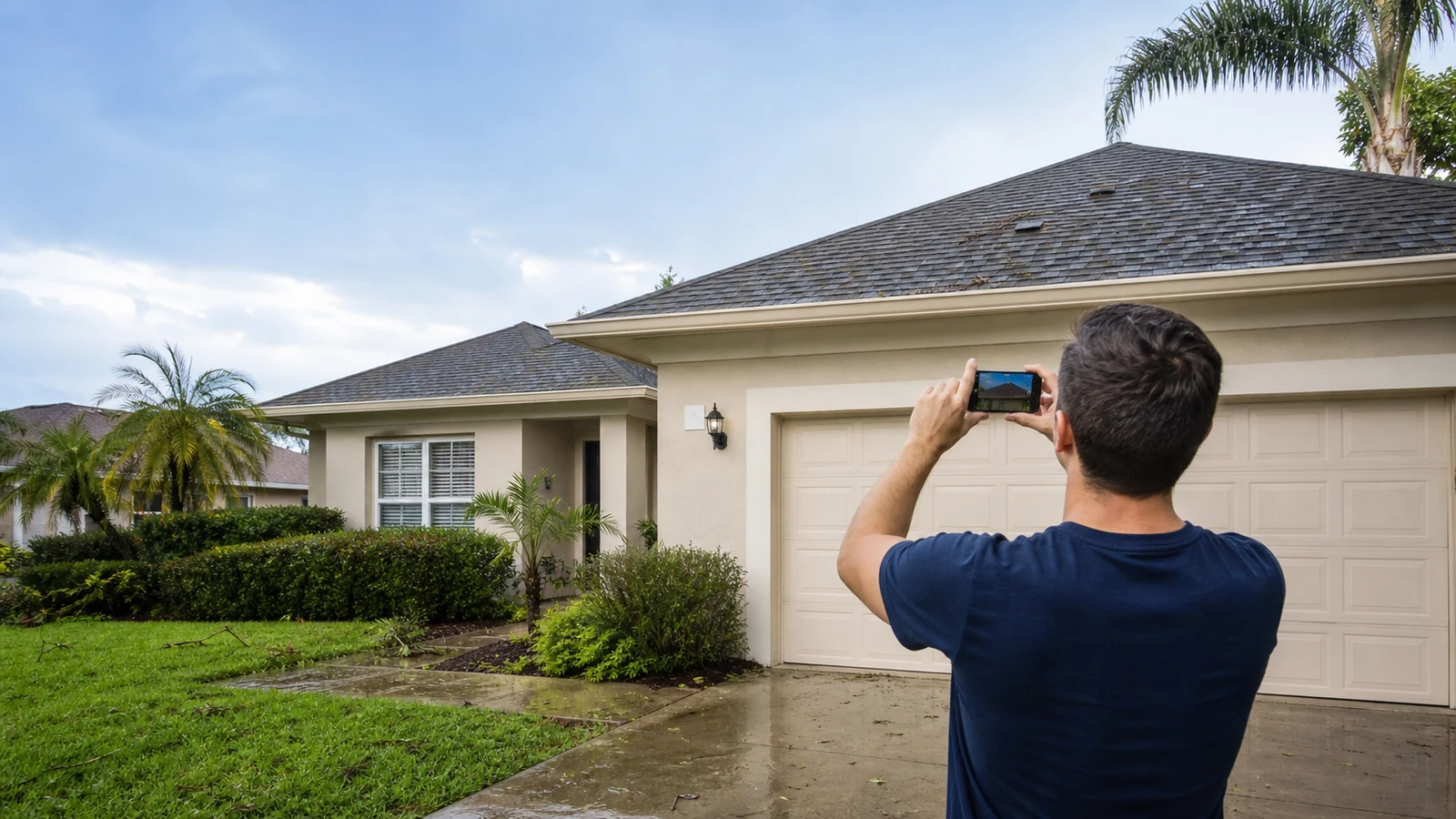 Florida homeowner photographing possible roof damage safely from the ground