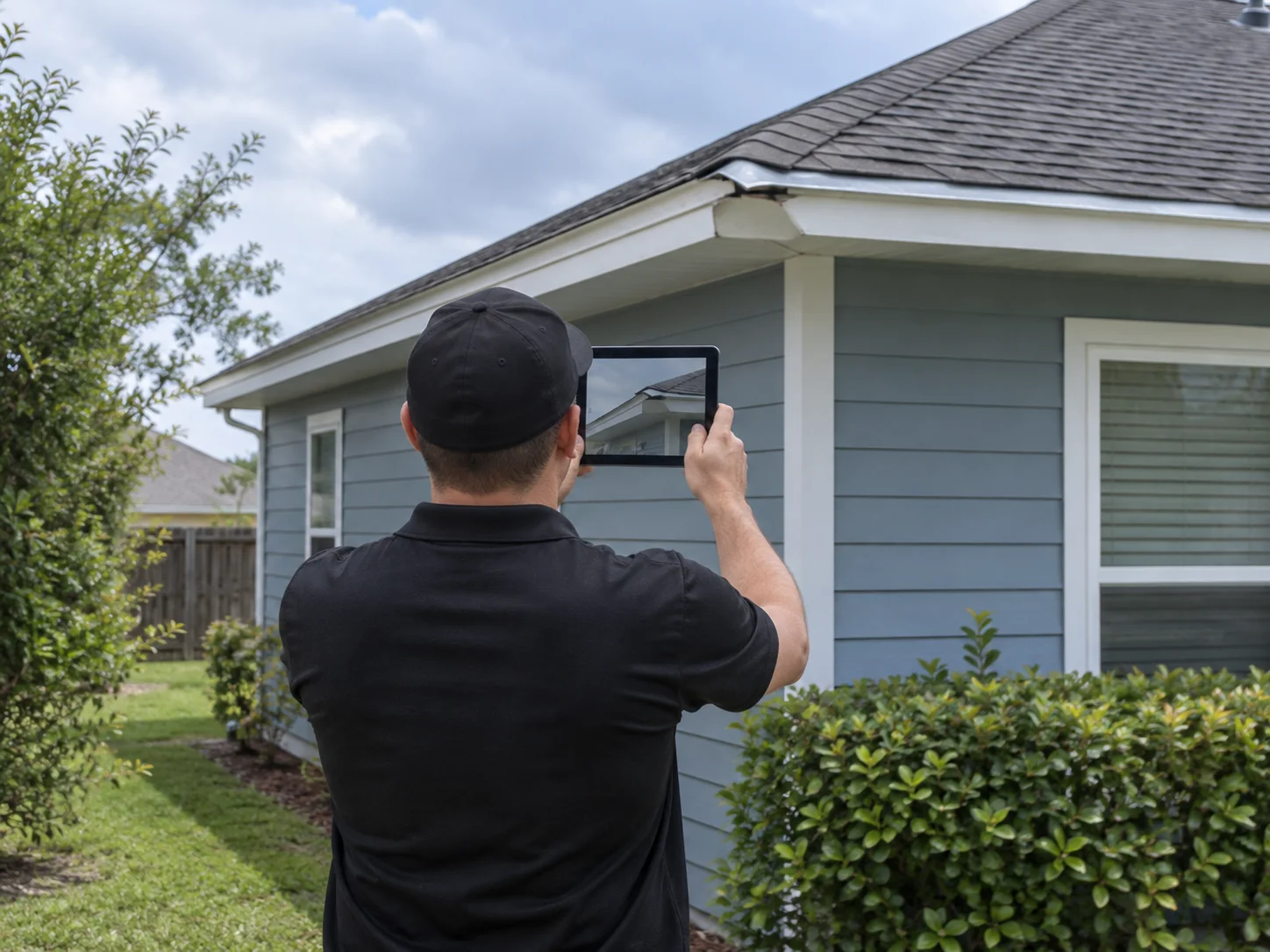 An inspector viewed from behind photographs a displaced roof-edge section from the yard.