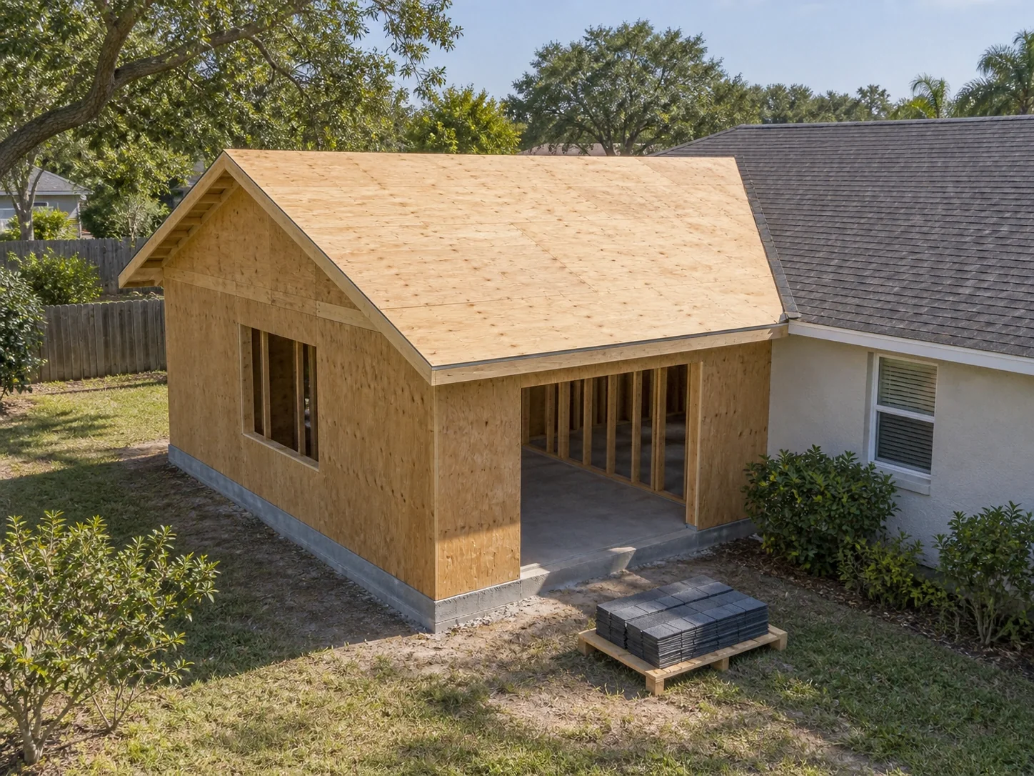 Roof decking on a home addition with roofing materials staged below.