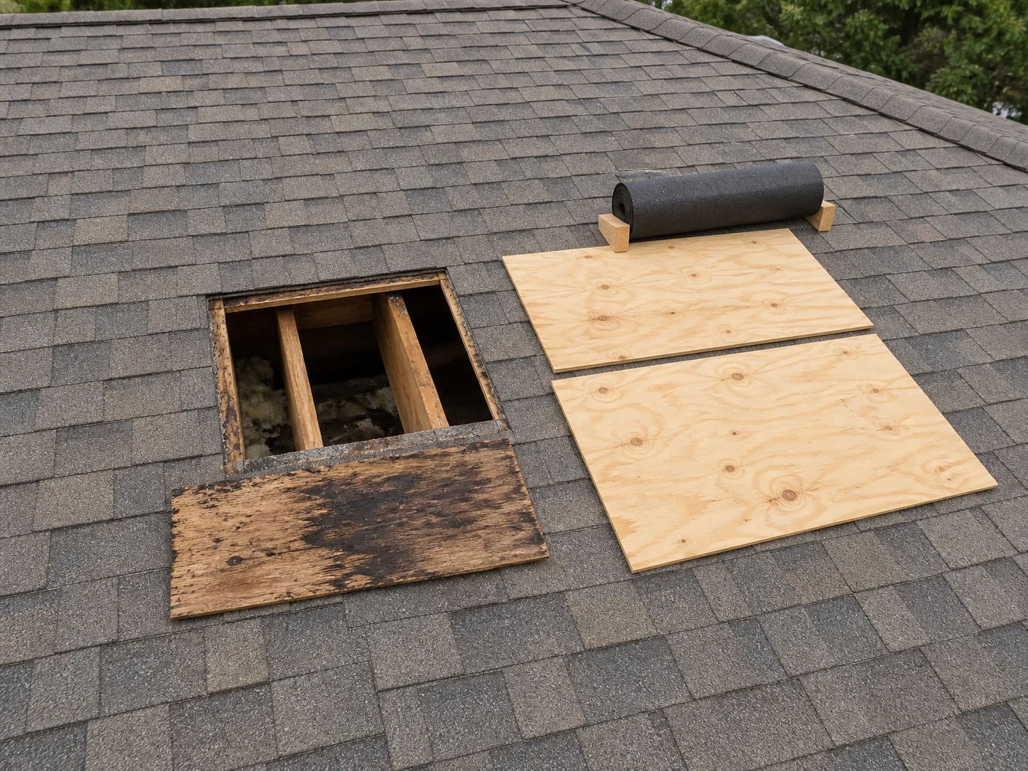 Underlayment and new sheathing beside a removed section of moisture-darkened roof decking.
