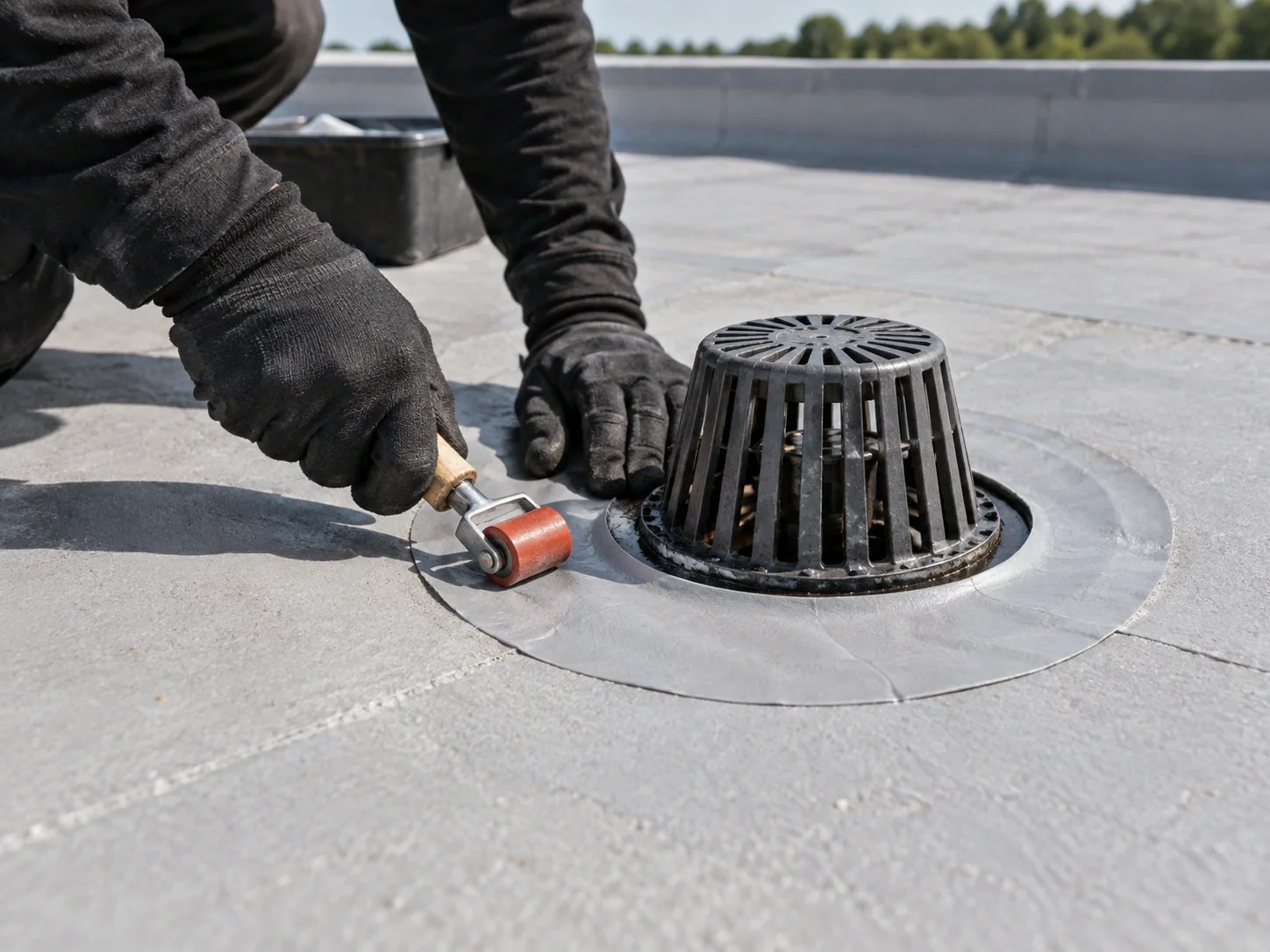 Gloved hands rolling a membrane repair patch beside a drain flange.