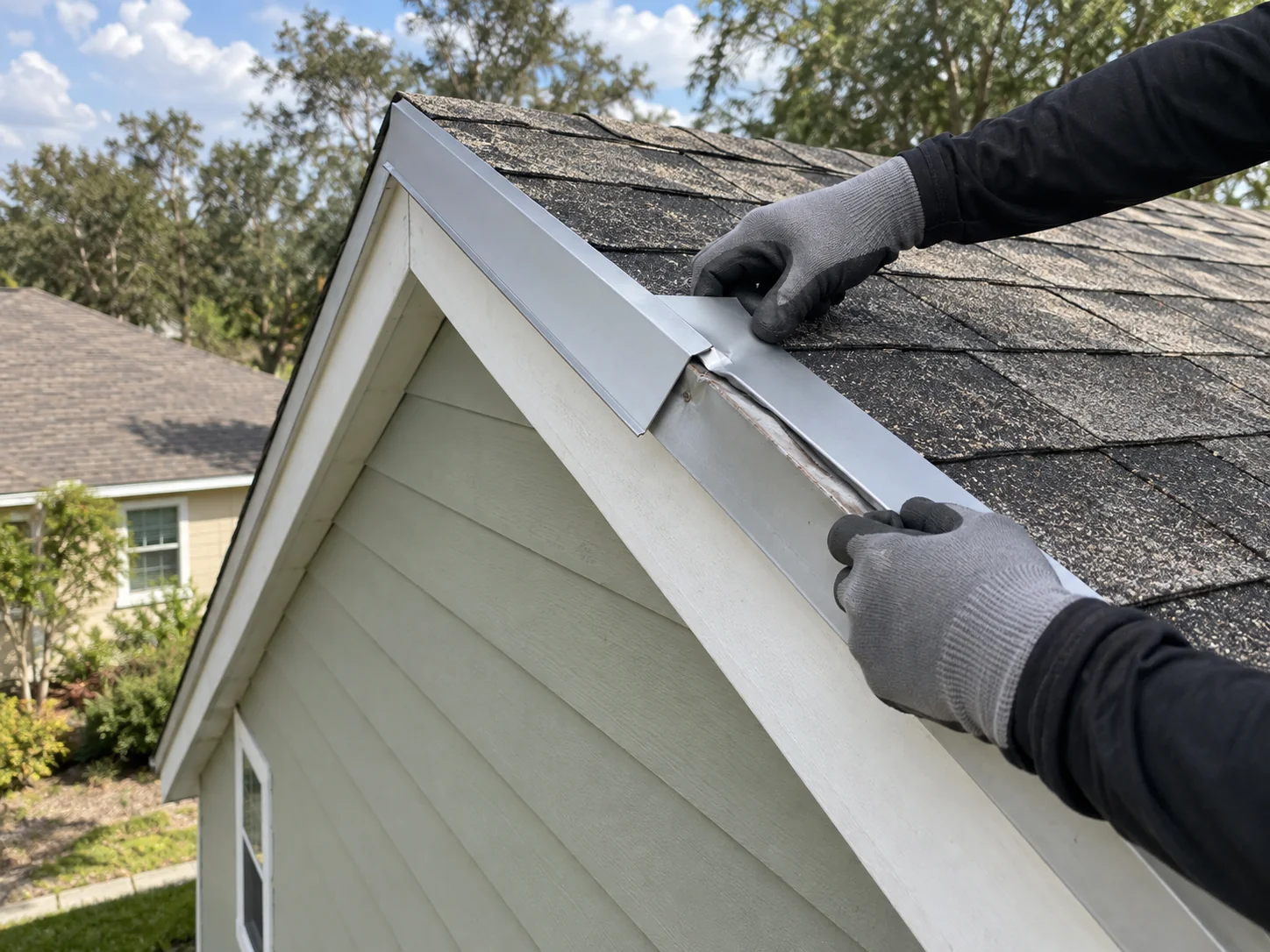 Gloved hands position a metal rake-edge piece beside a bent roof edge.