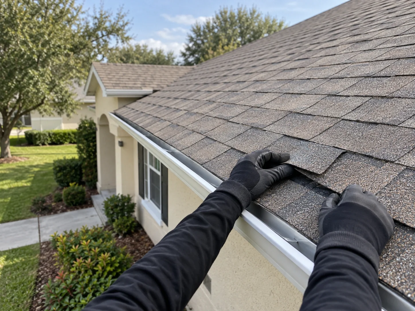 Gloved hands adjusting a small shingle repair area above a home’s gutter.