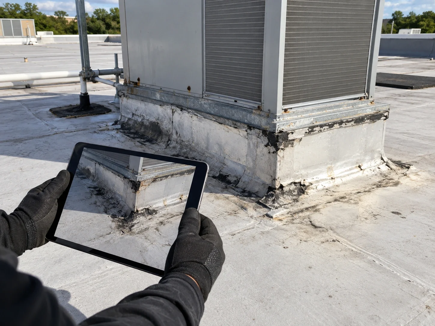 Hands recording HVAC curb flashing condition on a tablet.
