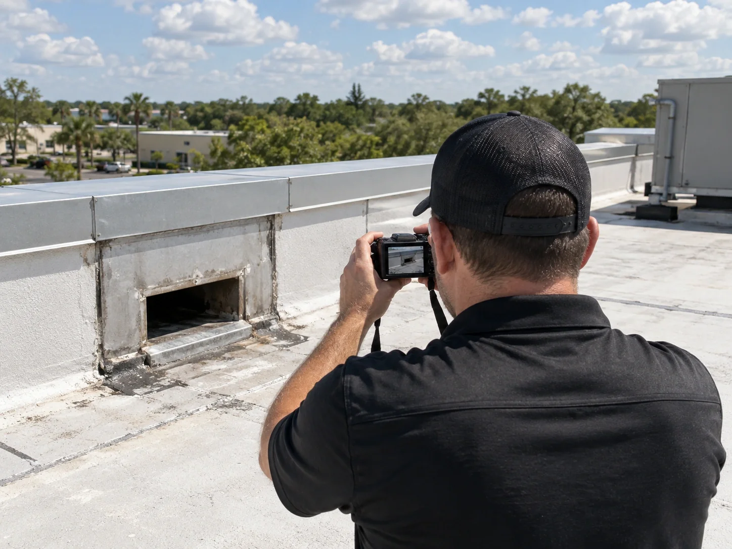 Inspector viewed from behind photographing a commercial roof scupper.