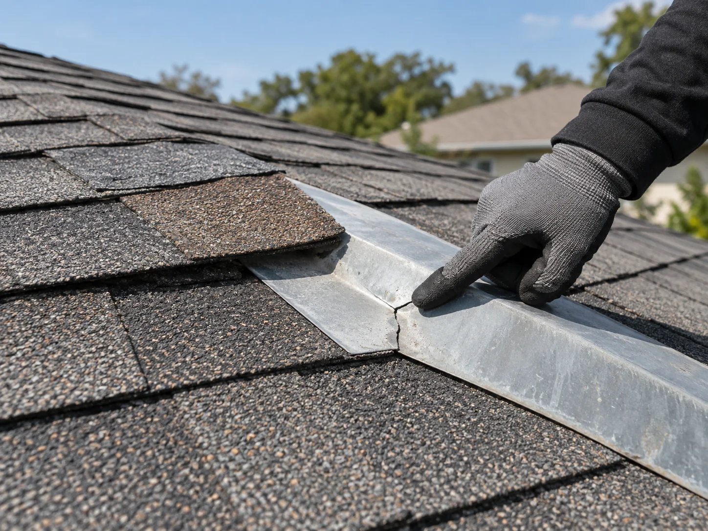 A gloved hand points to cracked flashing beside an older shingle patch.
