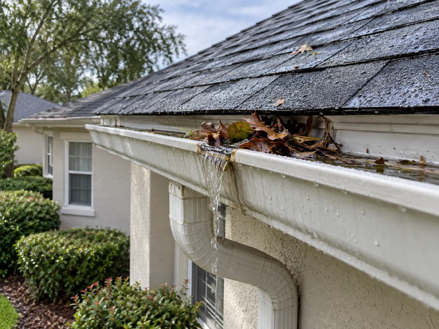 Wet leaves block a gutter outlet as water spills over the edge.