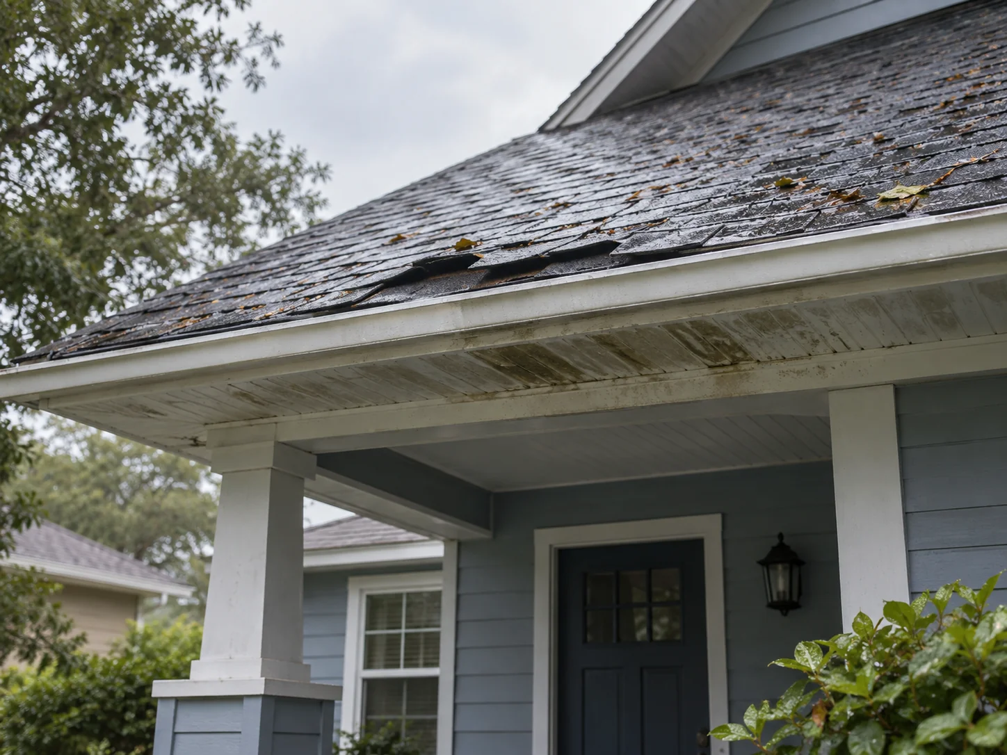 Lifted porch-roof shingles and wet leaves above a discolored soffit.