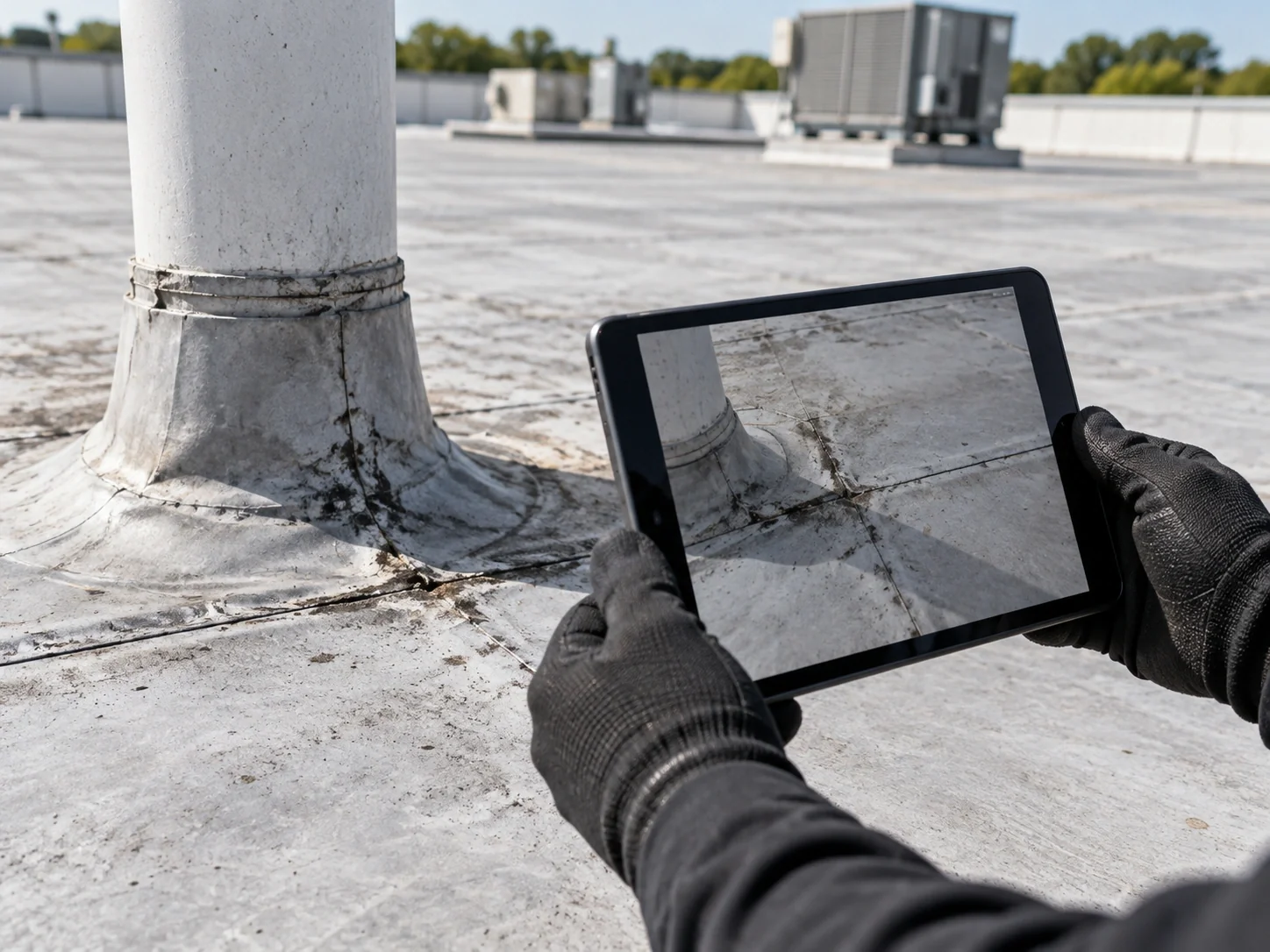 Gloved hands documenting a commercial roof seam beside a pipe penetration.