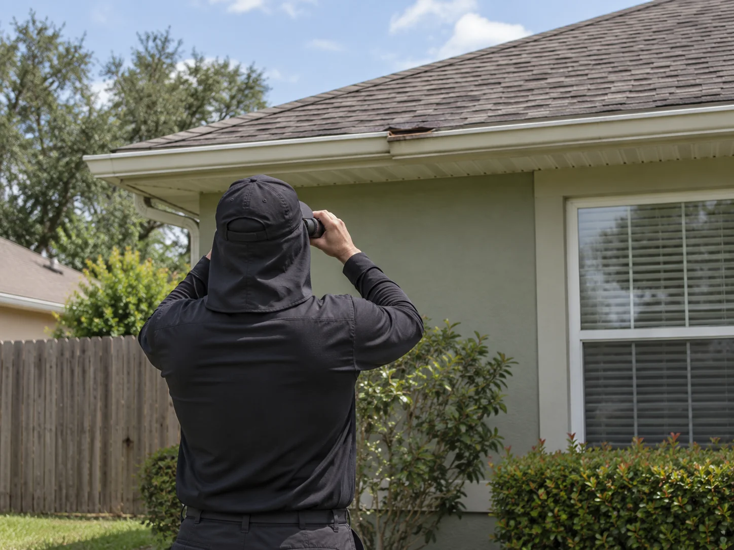 An inspector viewed from behind examines a localized roof area from the ground.